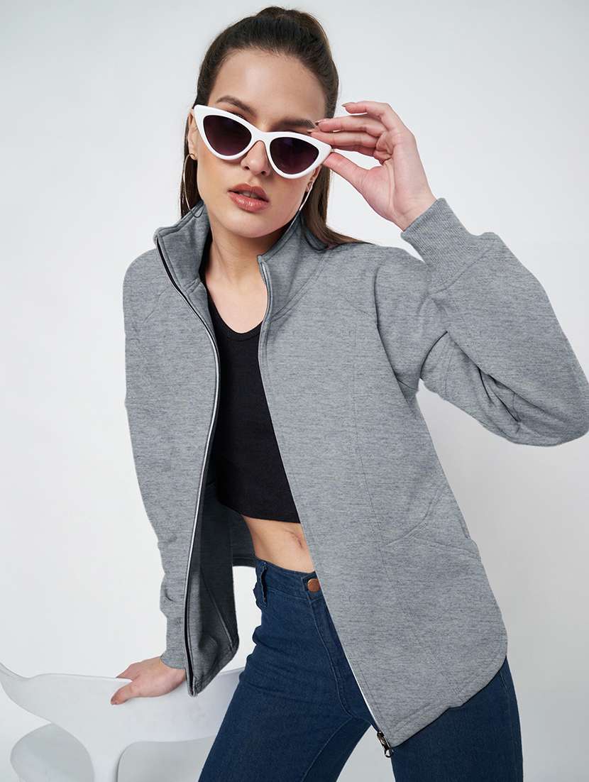 women solid stand collar long sleeve jacket - 22087112 -  Standard Image - 2