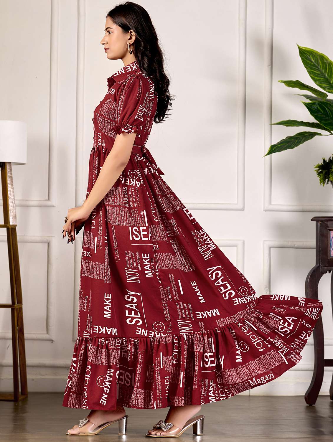 women printed puff sleeve collared tiered dress - 22088145 - Standard Image - 2