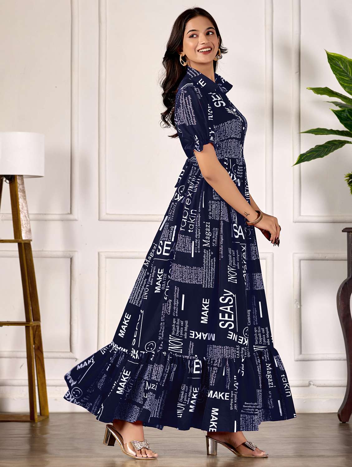 women printed puff sleeve collared tiered dress - 22088146 -  Standard Image - 2