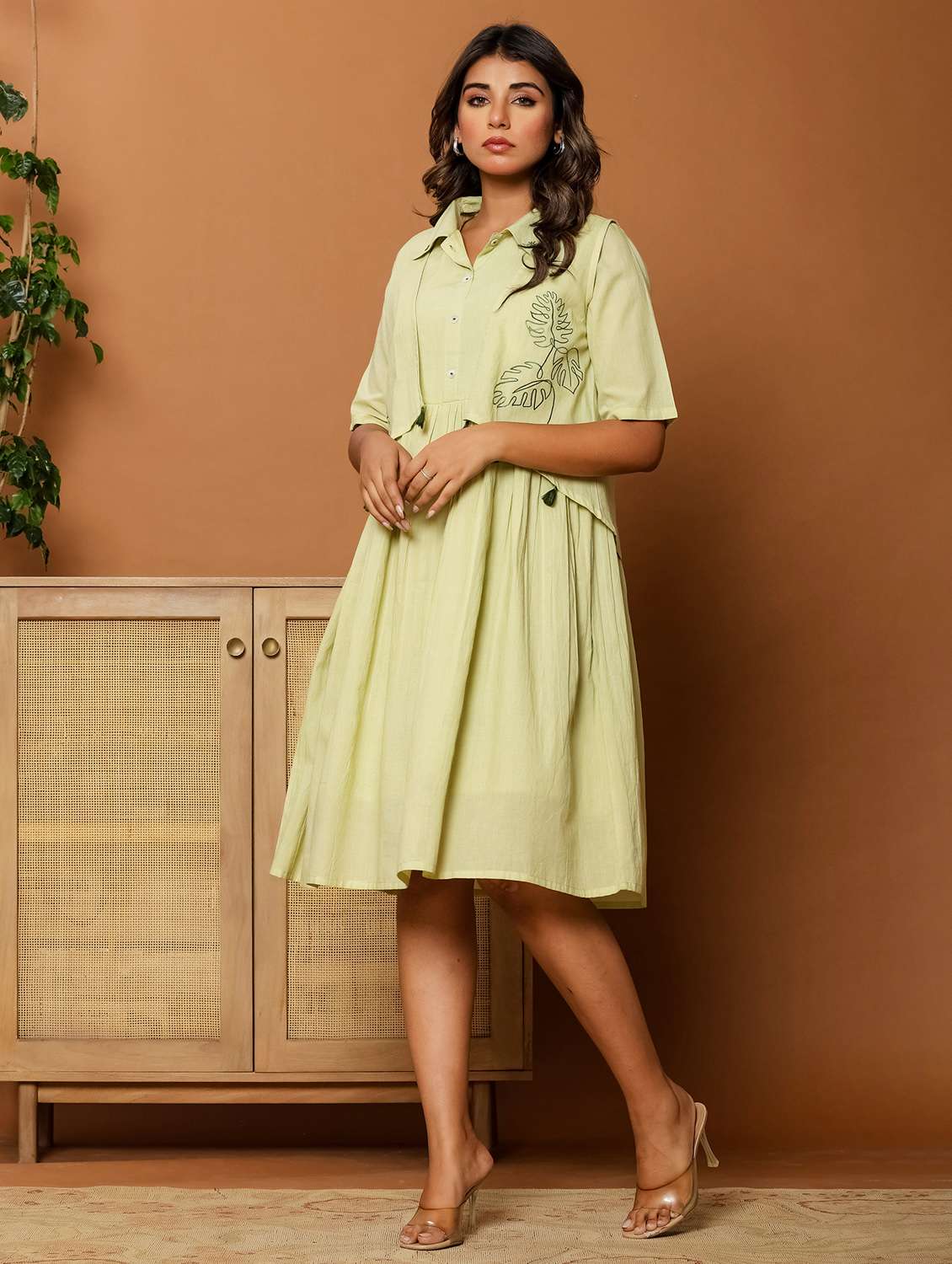 women solid with work short sleeve a-line ethnic dress - 22088148 - Standard Image - 2