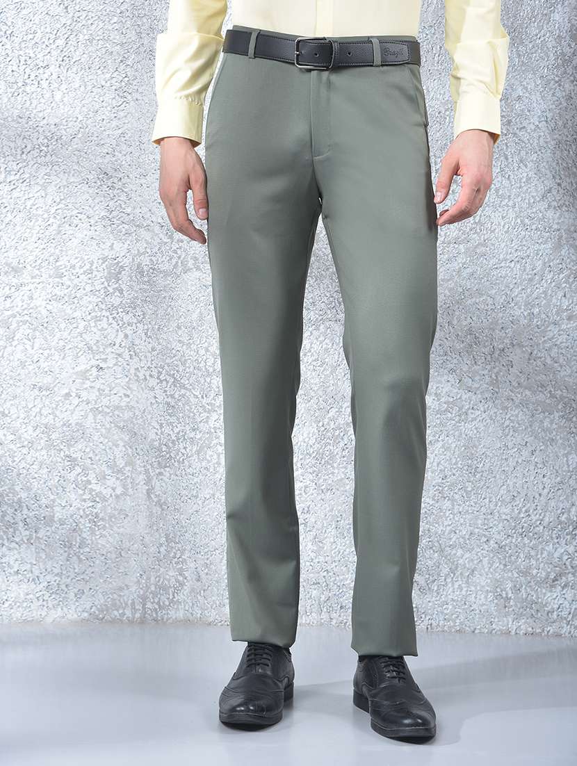 men solid mid rise flat front full length formal trouser