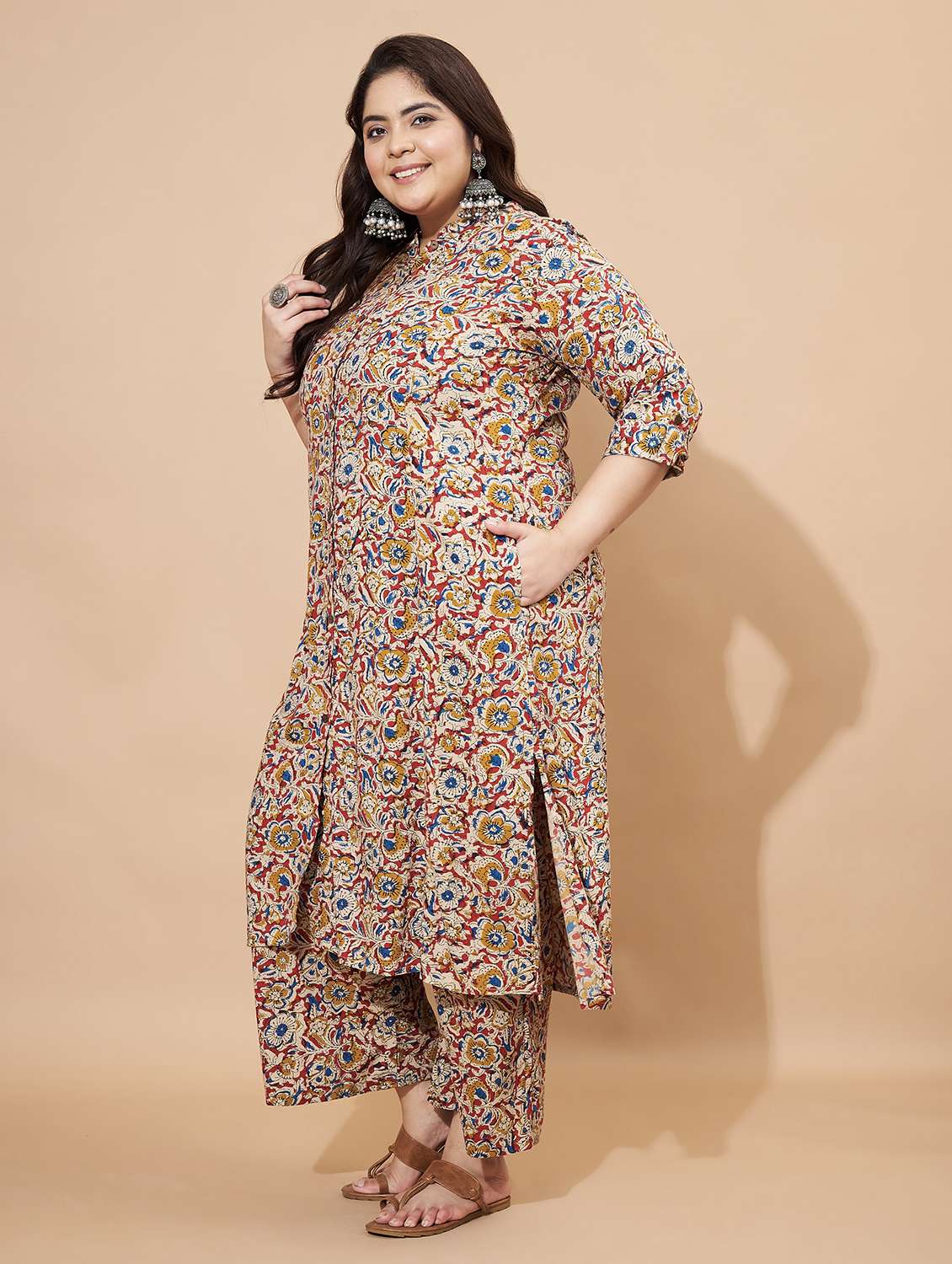 women plus size three quarter sleeve kurta palazzo set - 22088211 -  Standard Image - 2