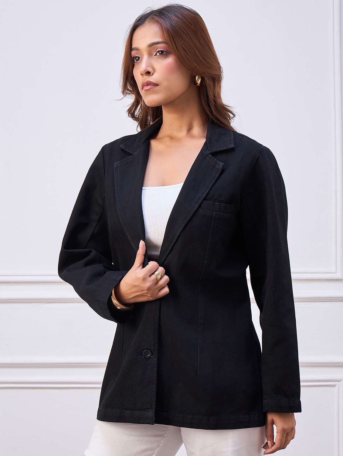 women solid long sleeve single breasted denim blazer - 22088215 -  Standard Image - 2