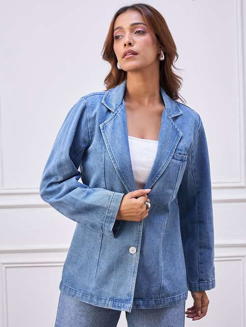 women solid long sleeve denim blazer - 22088217 -  Standard Image - 0