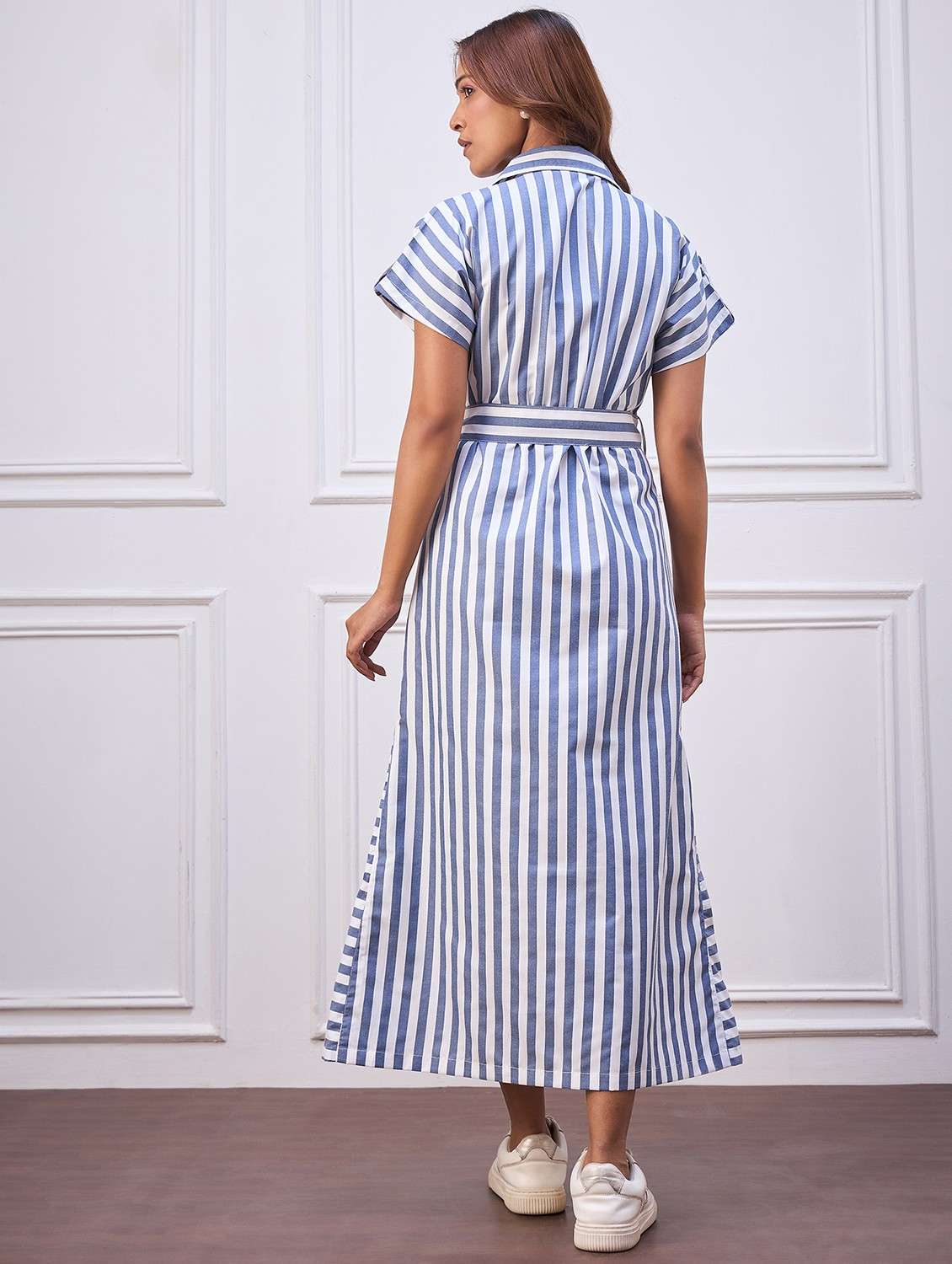 women striped collared short sleeve shirt dress - 22088218 - Standard Image - 2