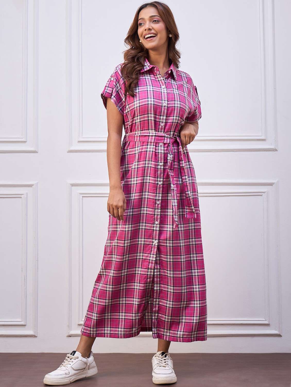 women checkered collared shirt dress