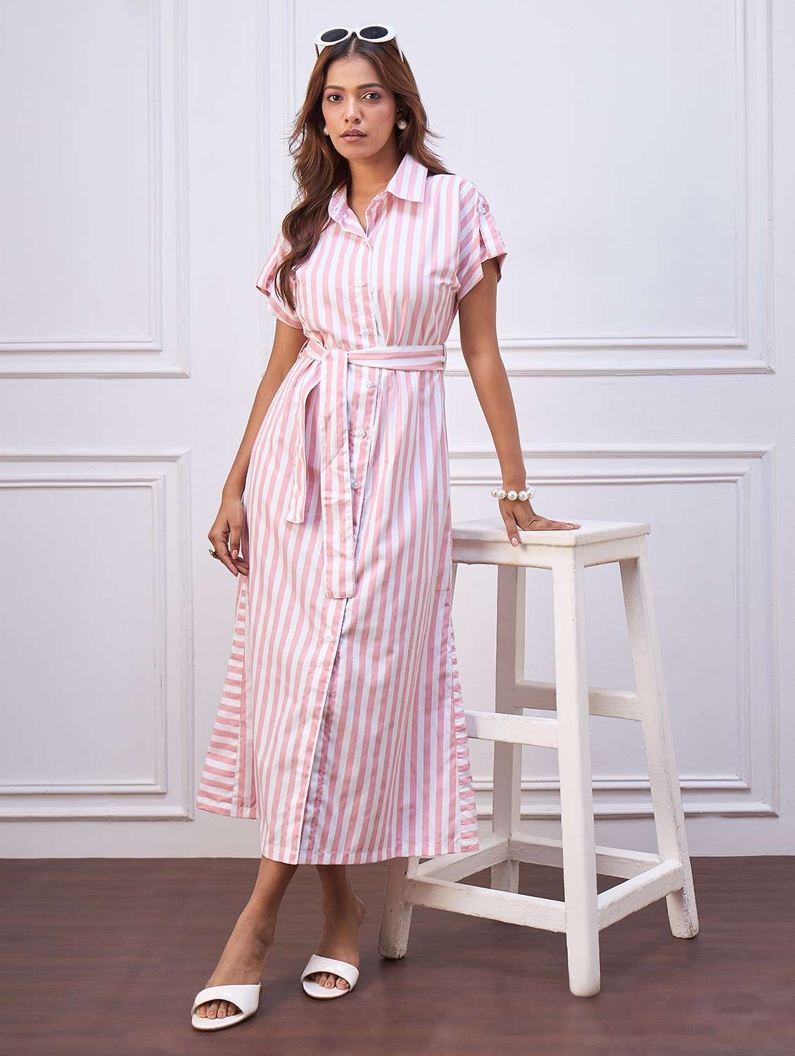 women striped collared short sleeve shirt dress