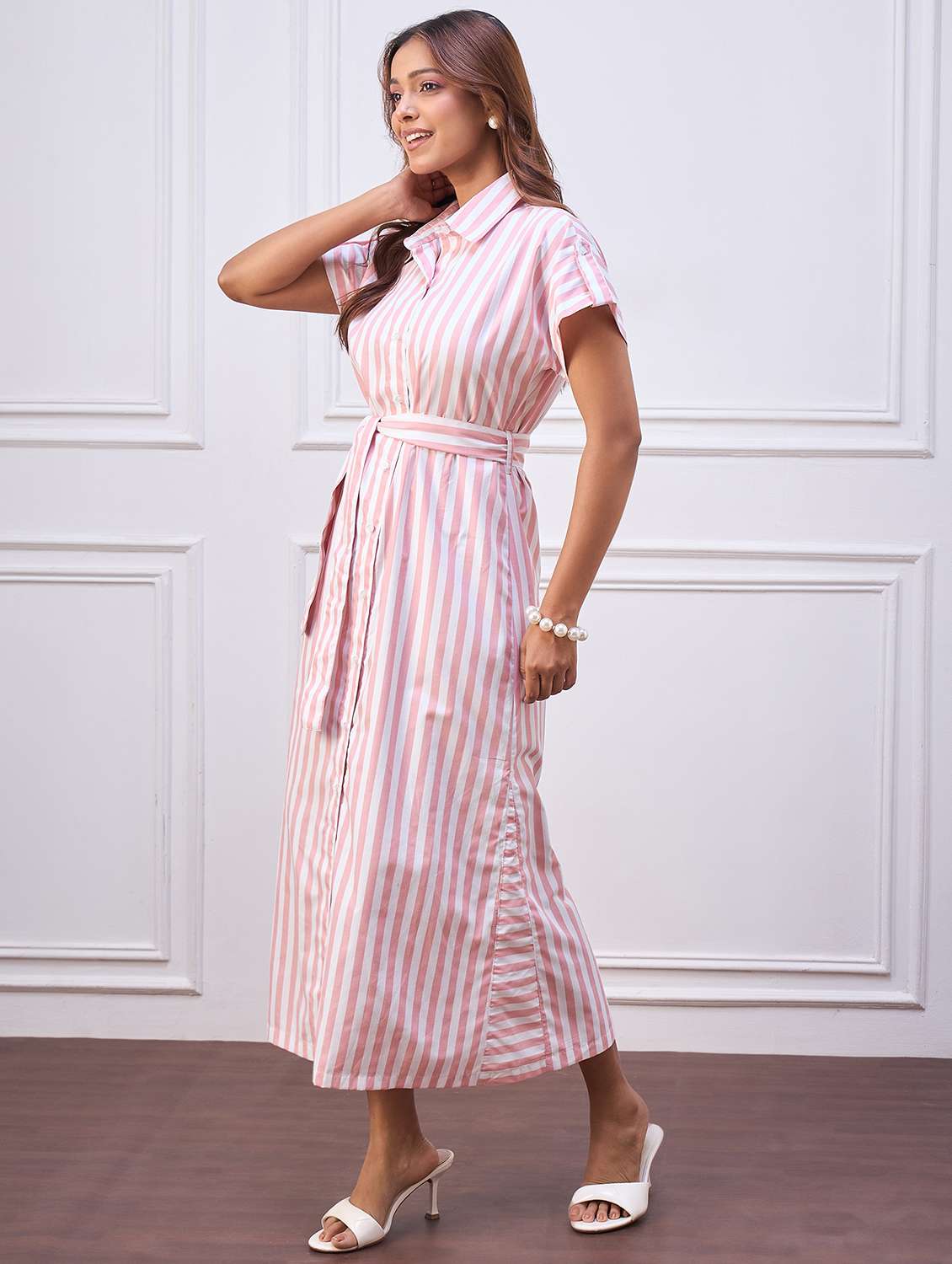 women striped collared short sleeve shirt dress - 22088220 - Standard Image - 2