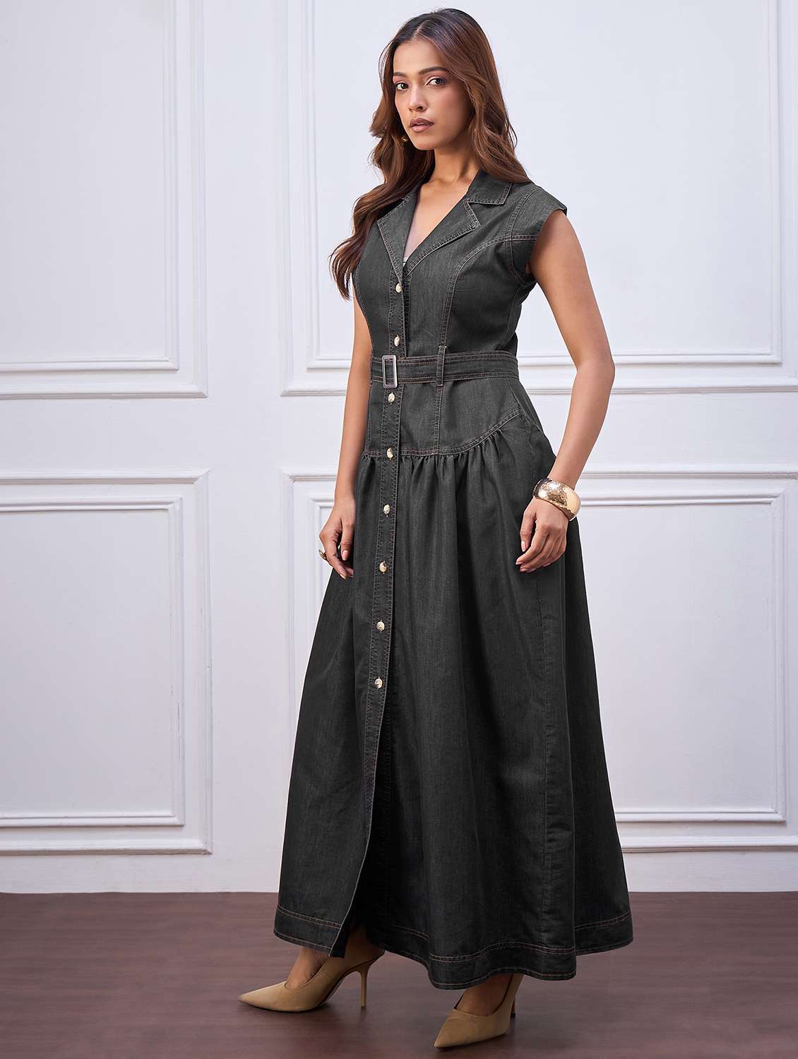 women solid sleeveless denim shirt dress - 22088221 - Standard Image - 2
