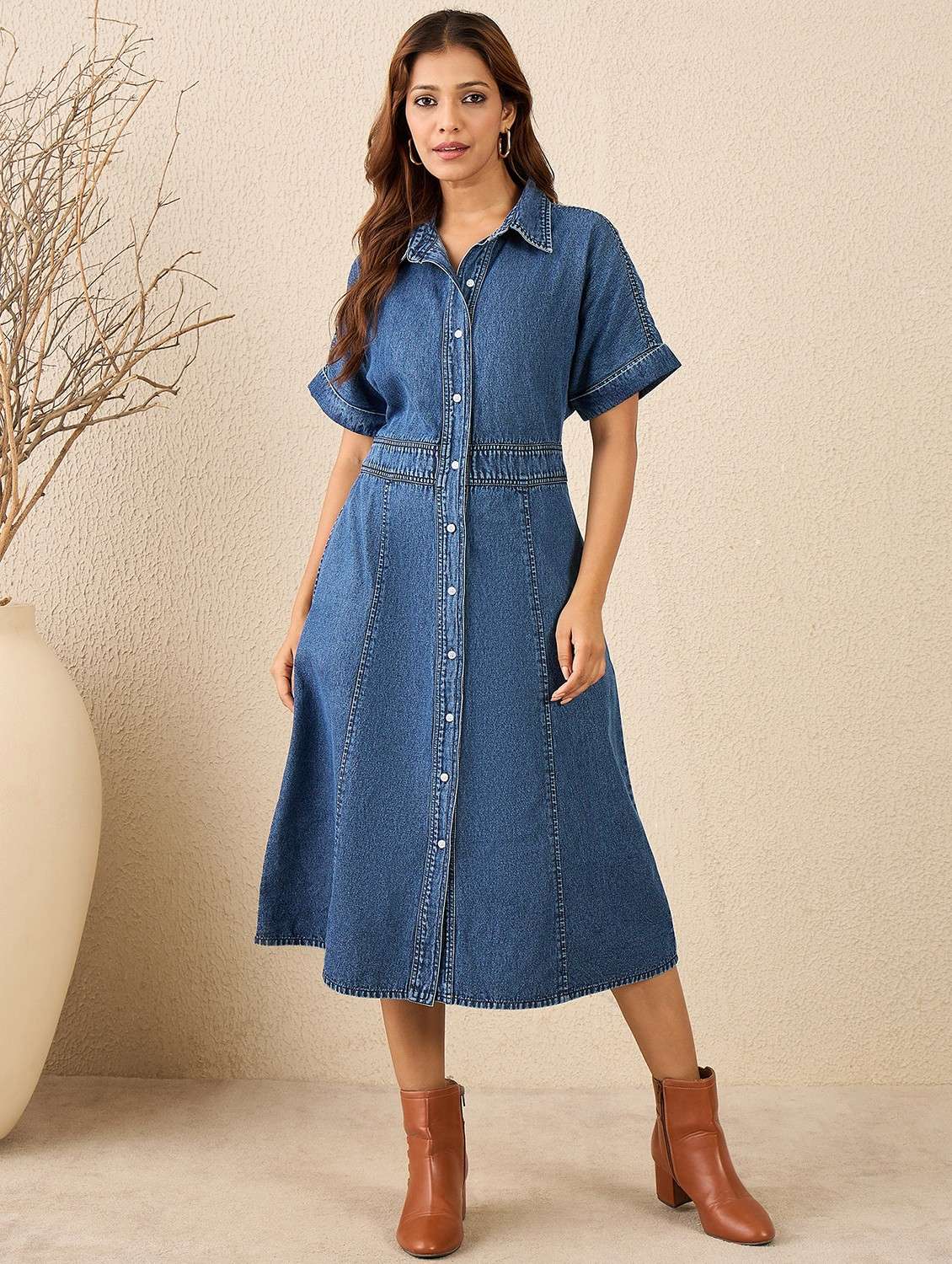 women solid short sleeve denim shirt dress