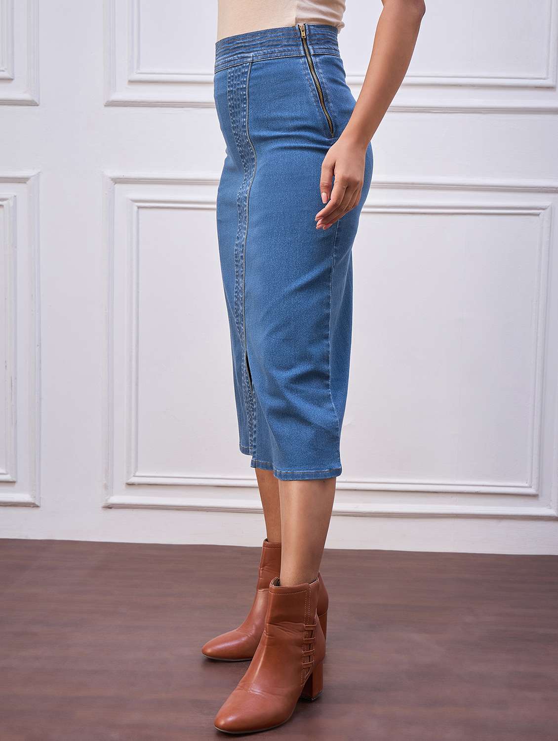women solid highr rise denim skirt - 22088229 - Standard Image - 2