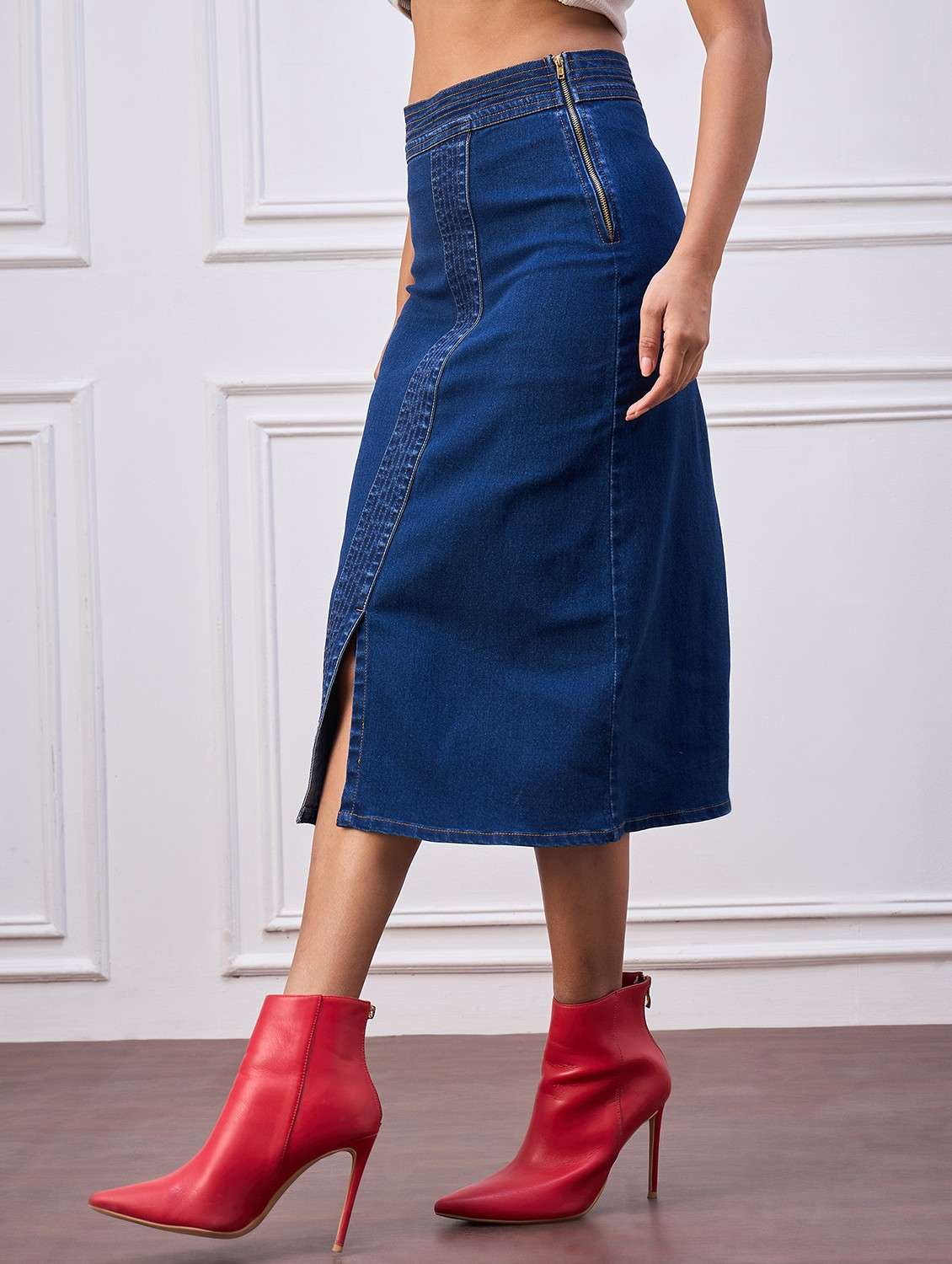 women solid highr rise denim skirt - 22088230 -  Standard Image - 2