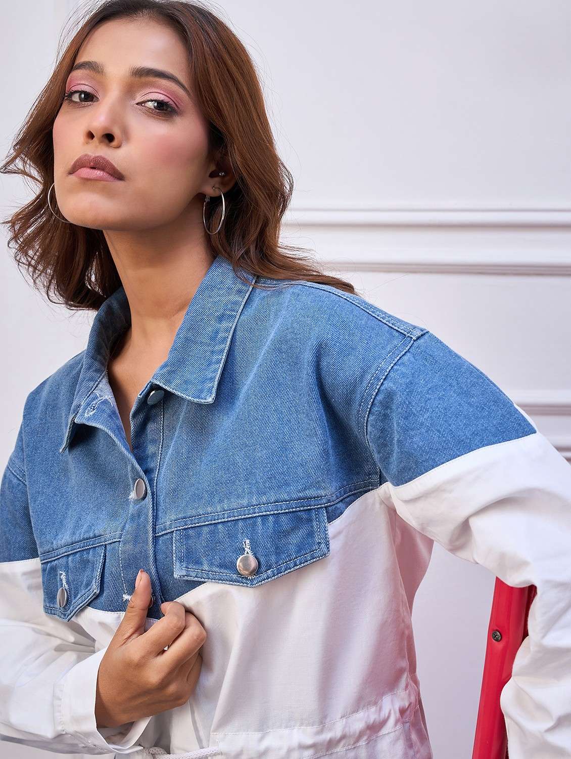 women color blocked long sleeve denim jacket - 22088235 -  Standard Image - 2