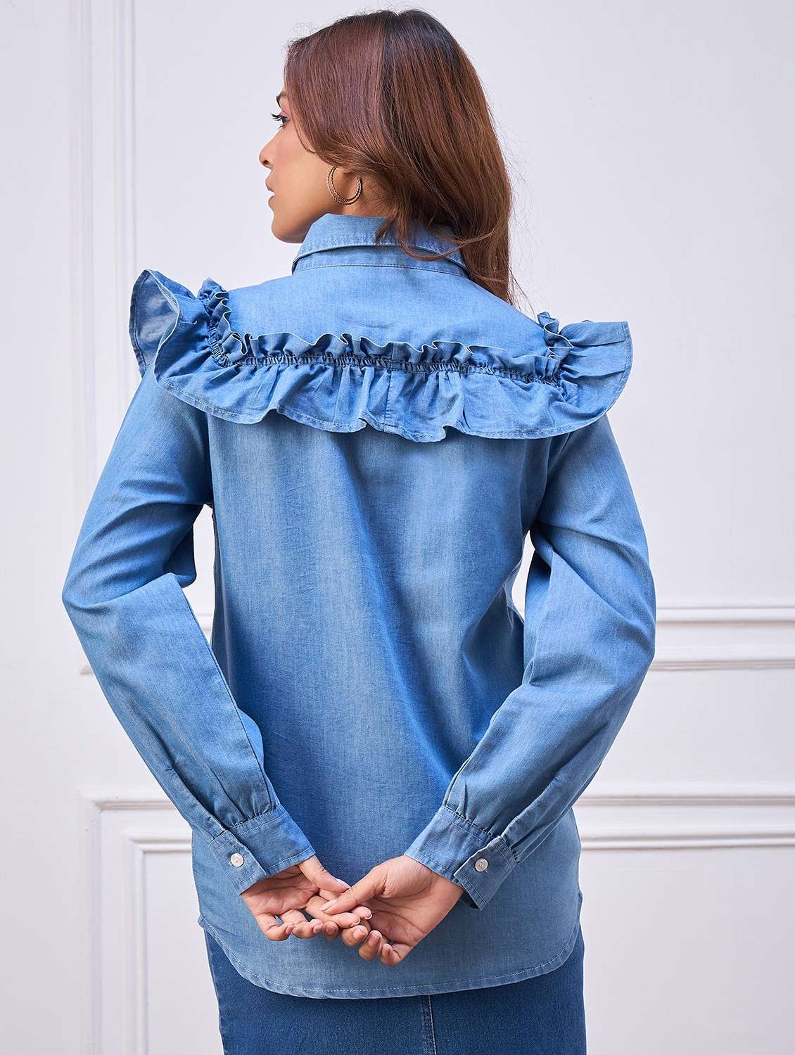 women solid ruffle long sleeve denim shirt - 22088237 - Standard Image - 2