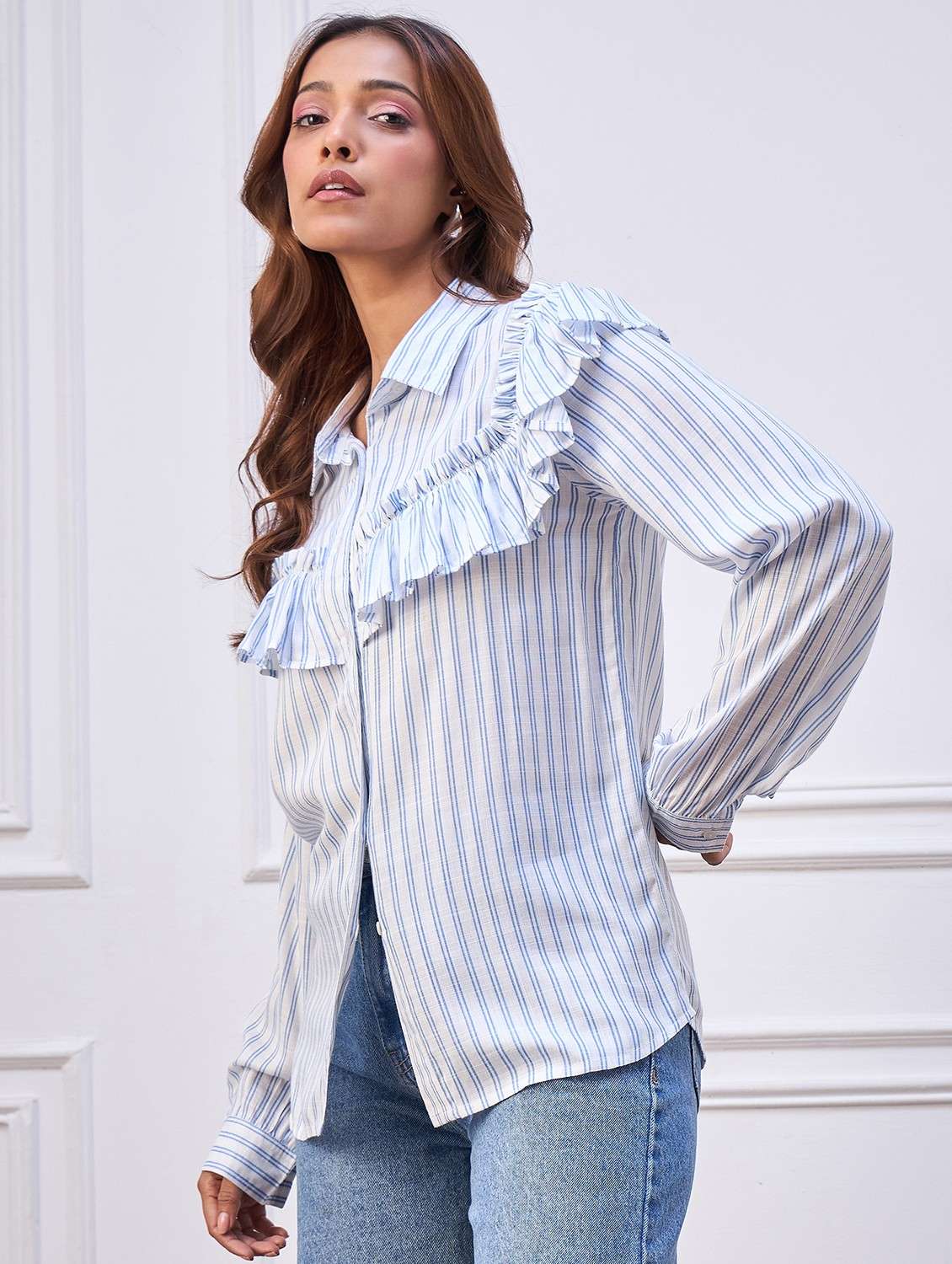 women striped ruffled long sleeve shirt - 22088238 - Standard Image - 2