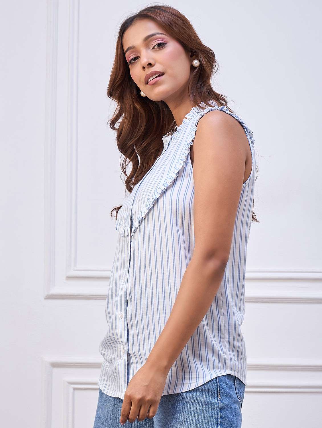 women striped sleeveless denim shirt top - 22088243 - Standard Image - 2