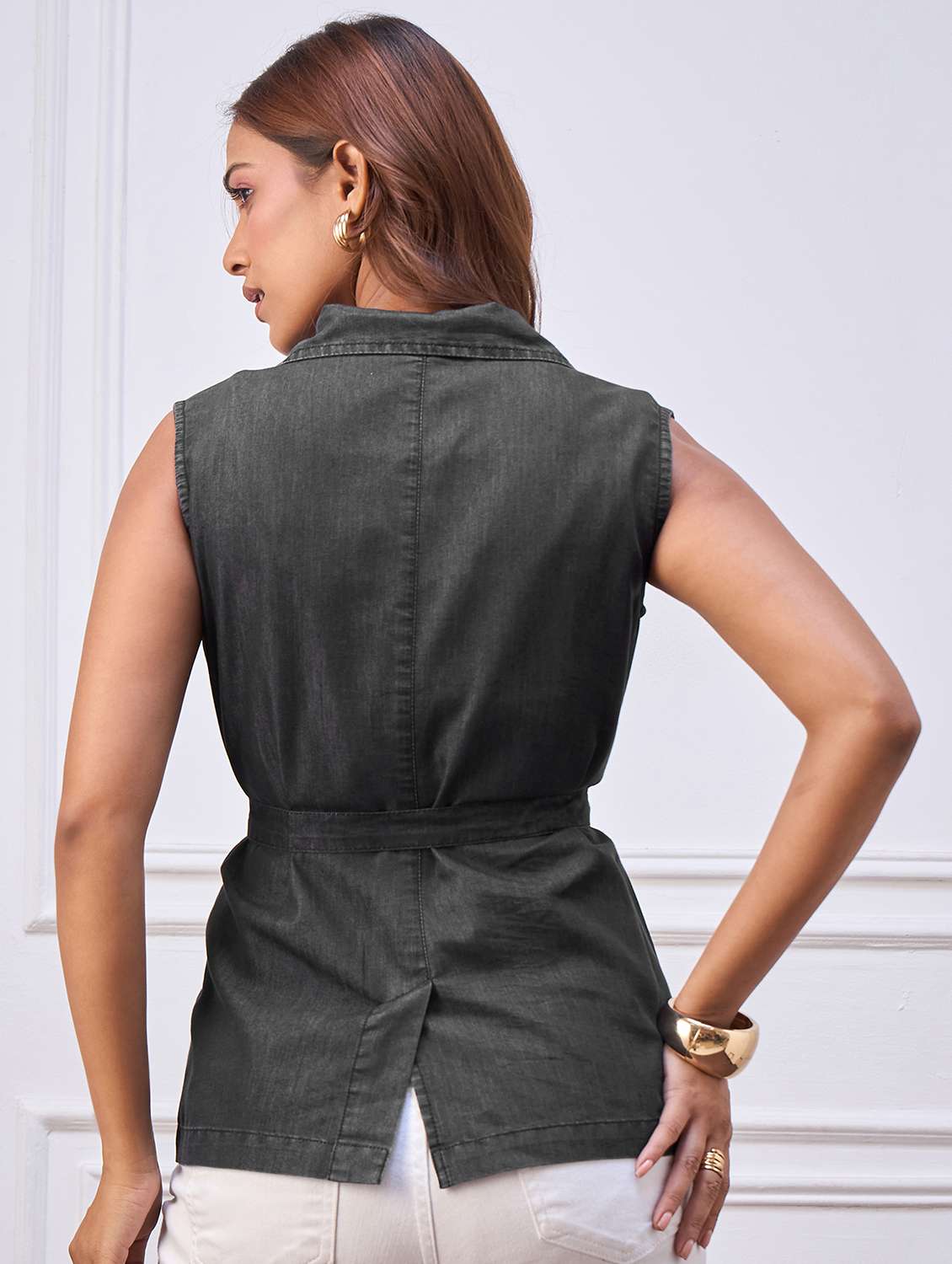 women solid sleeveless denim wrap top - 22088244 - Standard Image - 2