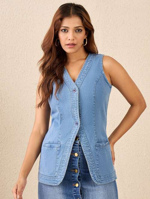 Women Solid Sleeveless Denim Vest Top