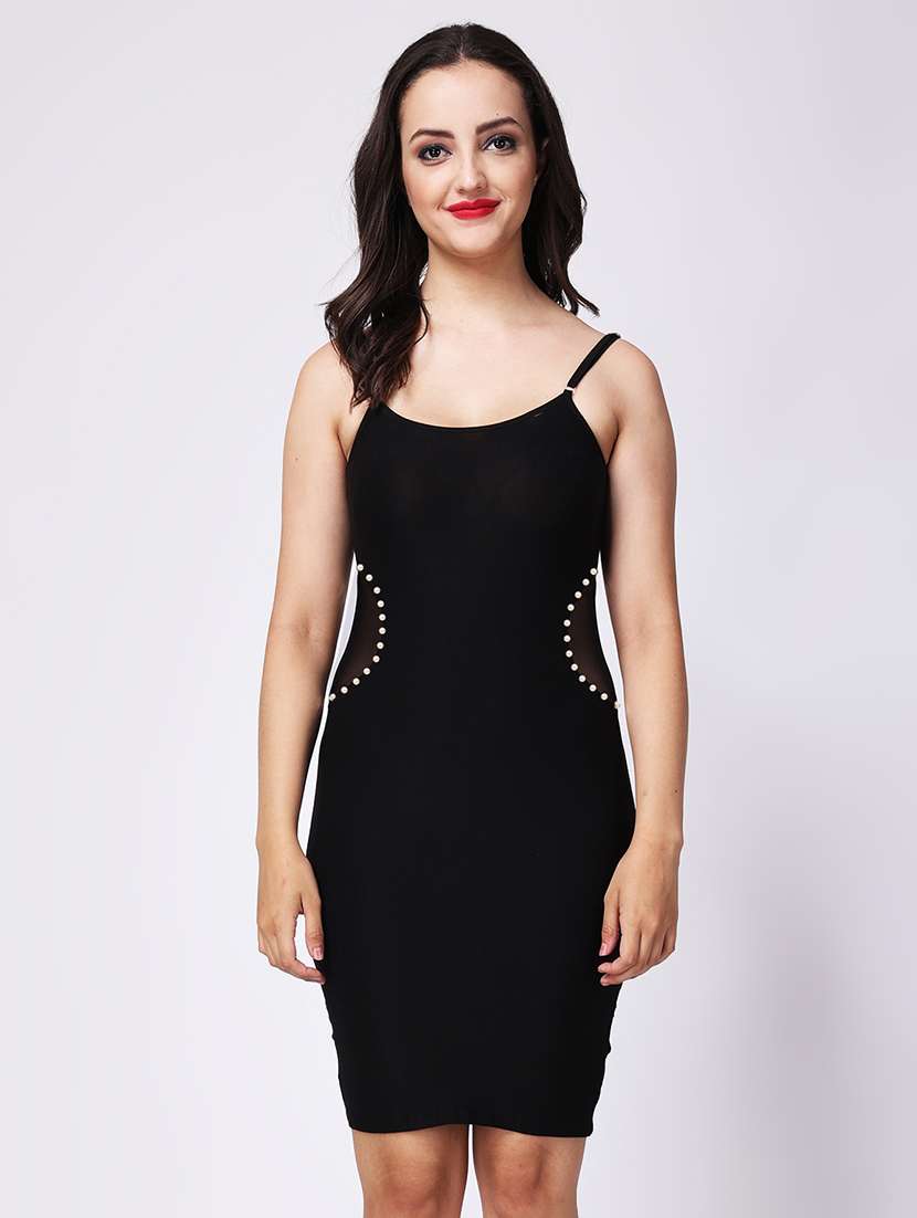 women solid shoulder strap bodycon dress