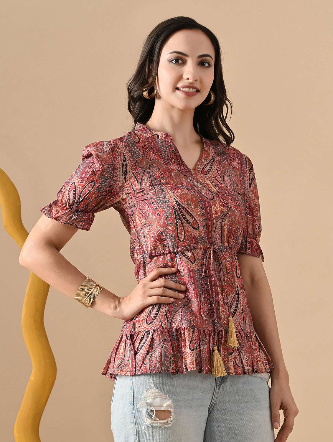 women printed mandarin neck puff sleeve tiered top - 22088692 - Standard Image - 2