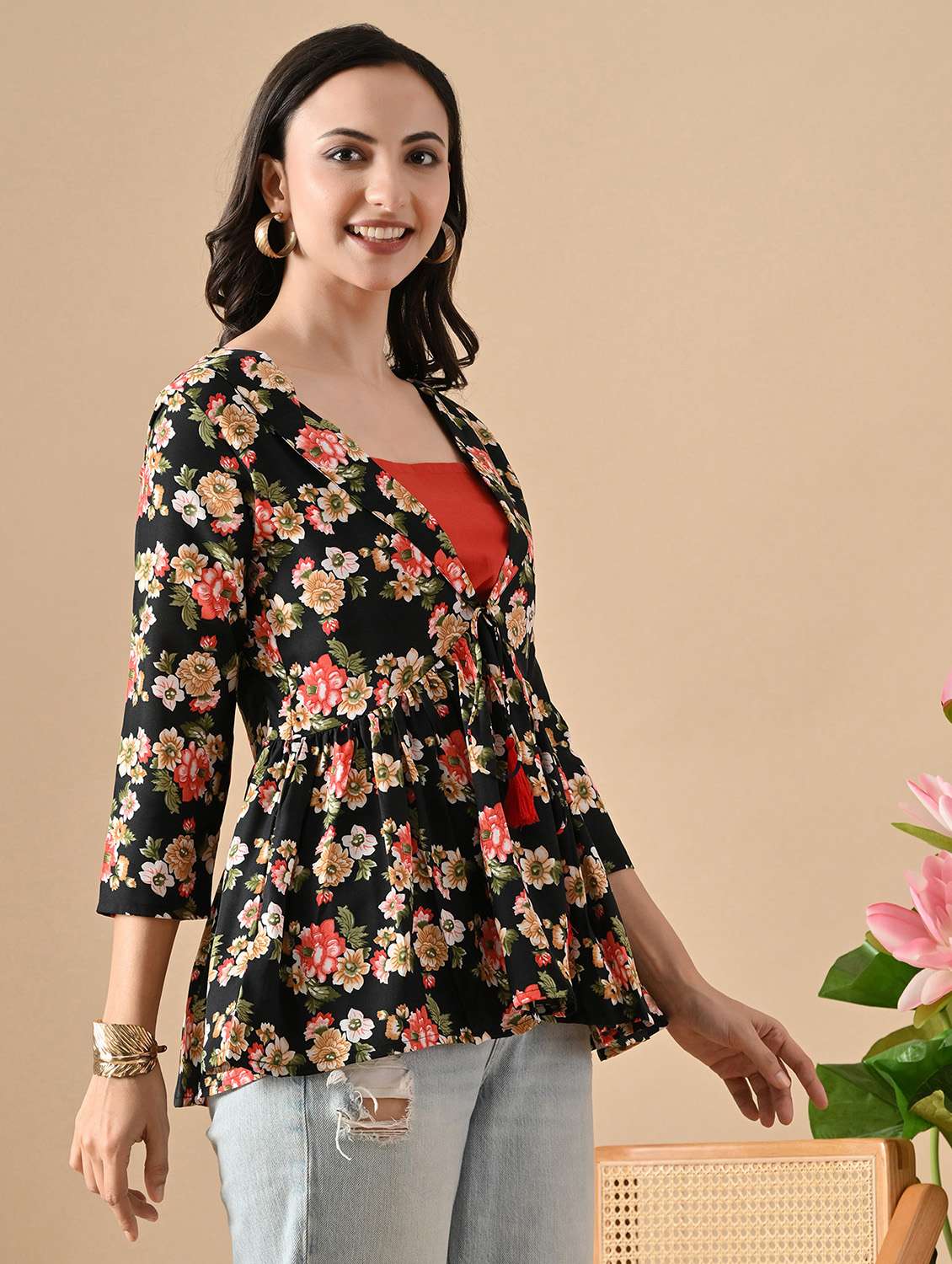 women floral print three quarter sleeve flared top - 22088693 - Standard Image - 2
