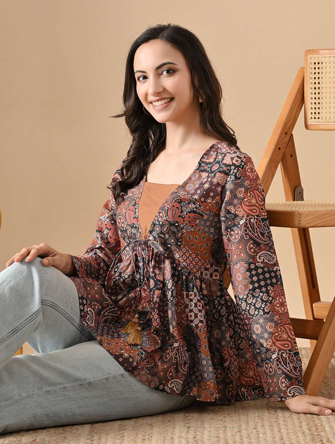 women printed long sleeve flared top - 22088697 - Standard Image - 2