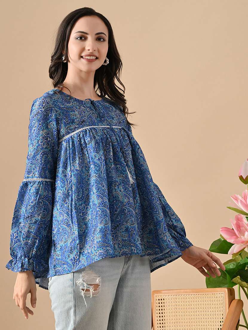 women printed tie-up neck long sleeve flared kurti - 22088745 - Standard Image - 2