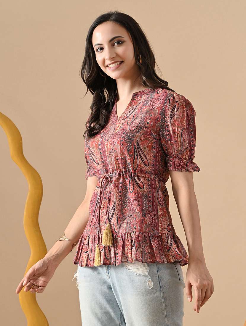 women pringted mandarin neck puff sleeve tiered top - 22088746 - Standard Image - 2