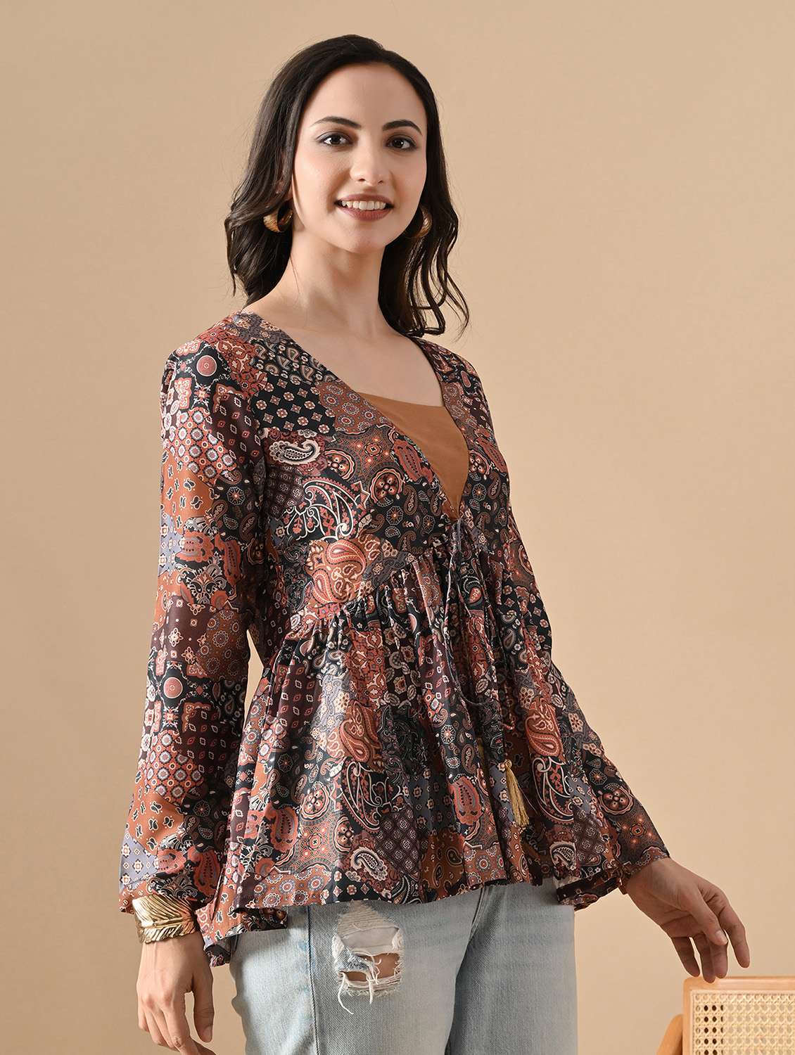 women printed long sleeve flared top - 22088751 -  Standard Image - 2