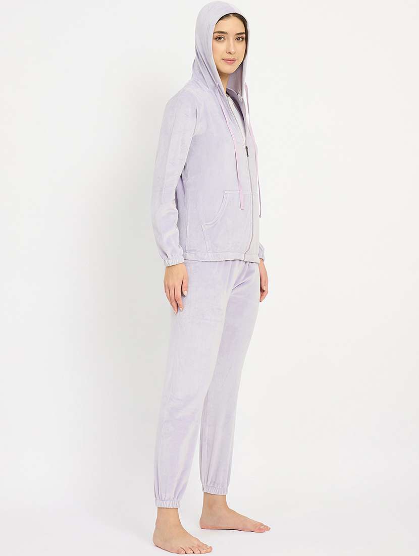 women solid hooded velvet nightwear pyjama set - 22088753 -  Standard Image - 2