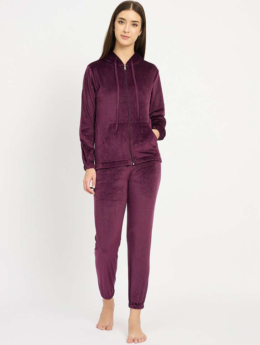 women solid hooded velvet nightwear pyjama set - 22088754 -  Standard Image - 2