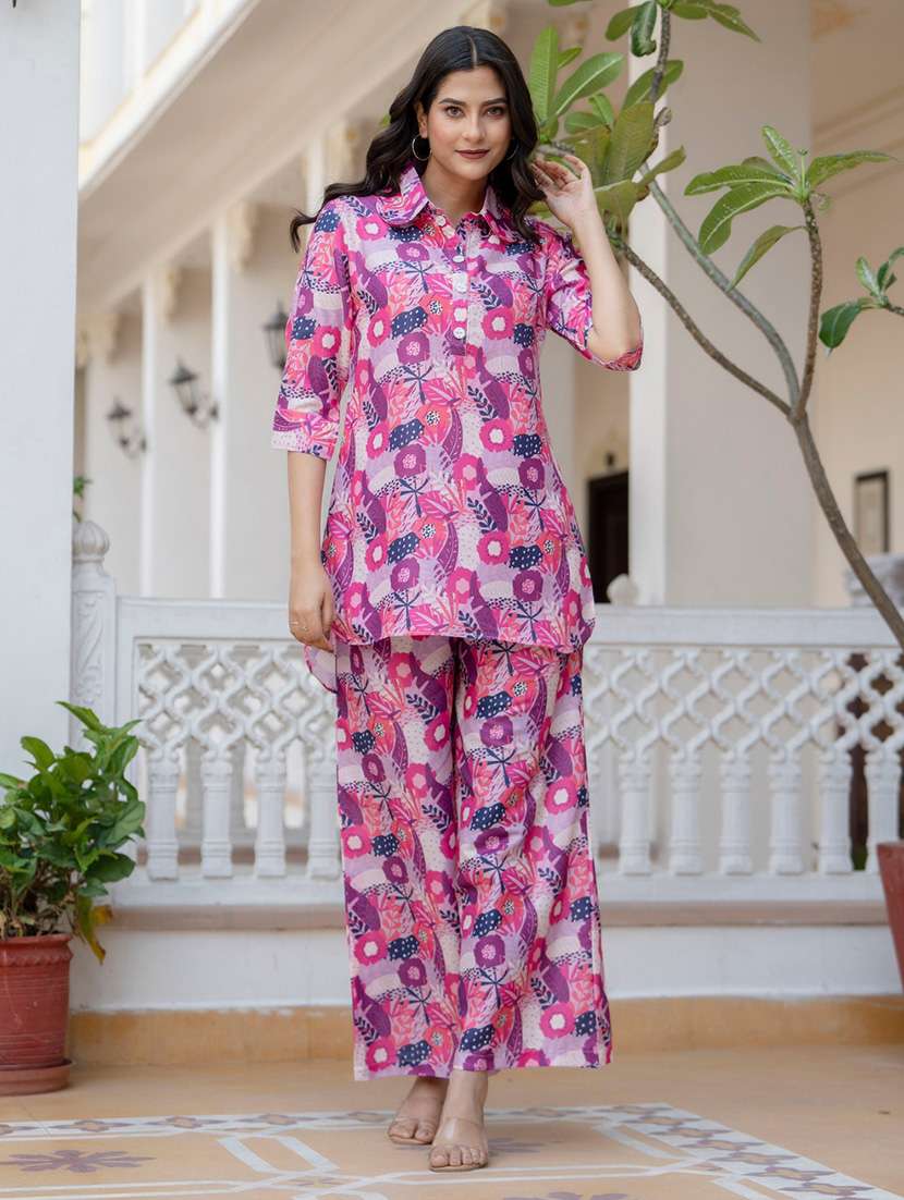 women floral printed three quarter sleeve ethnic co-ord set - 22088769 - Standard Image - 2