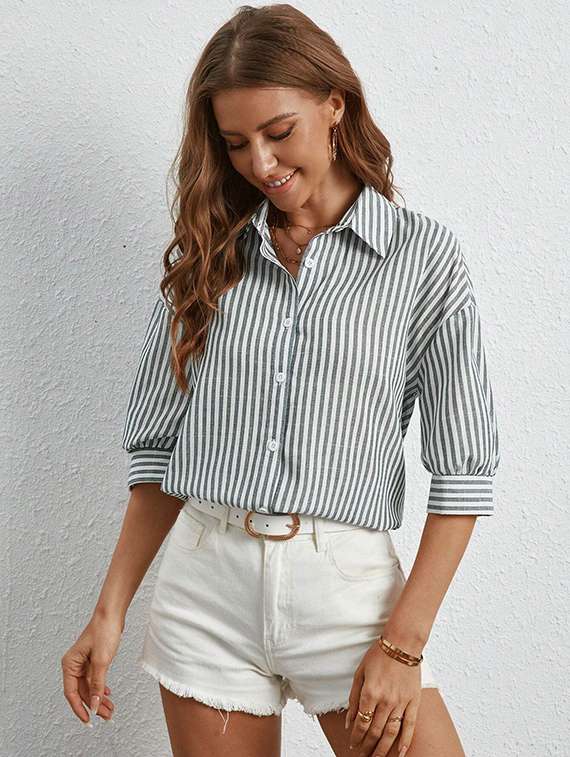 women striped collared long sleeve shirt