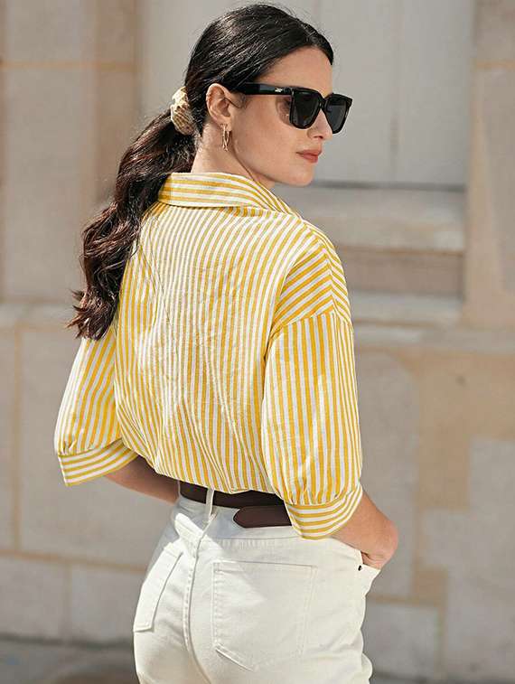women striped collared long sleeve shirt - 22088882 -  Standard Image - 2