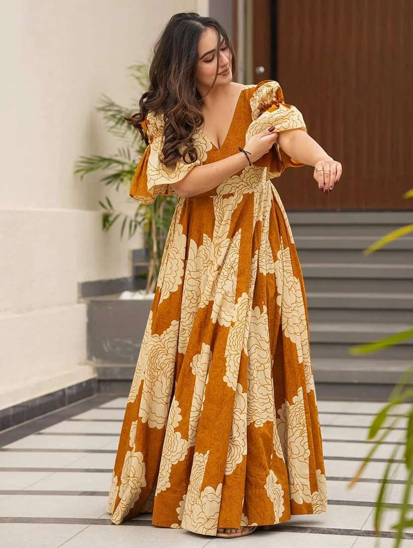 mustard rayon ballon  dress - 22088885 -  Standard Image - 2