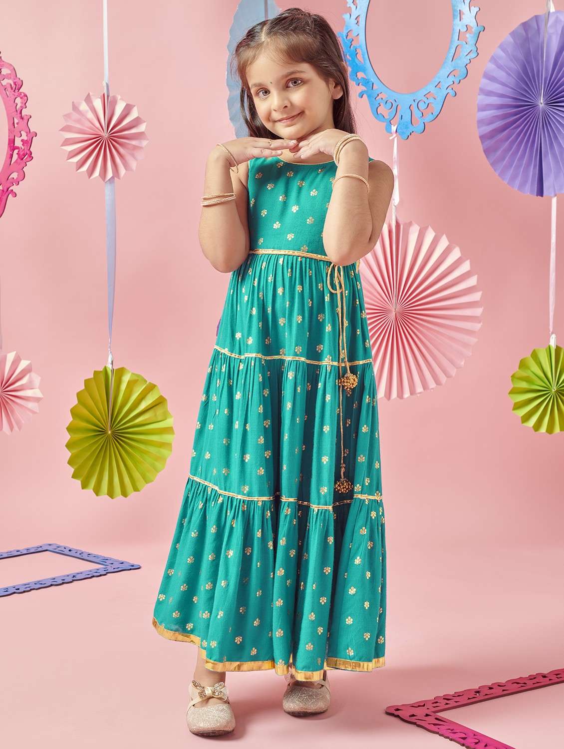 girls foil print sleeveless tiered gown - 22088907 -  Standard Image - 2