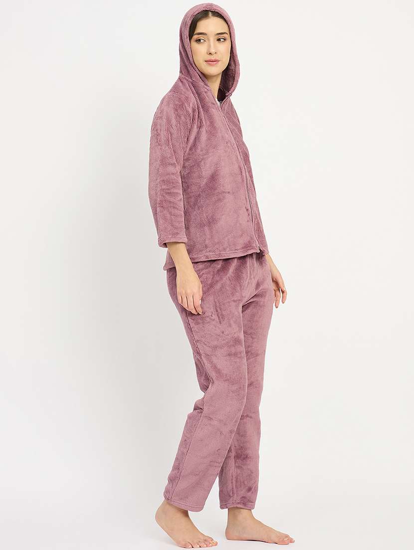 women solid hooded velvet nightwear pyjama set - 22088956 -  Standard Image - 2