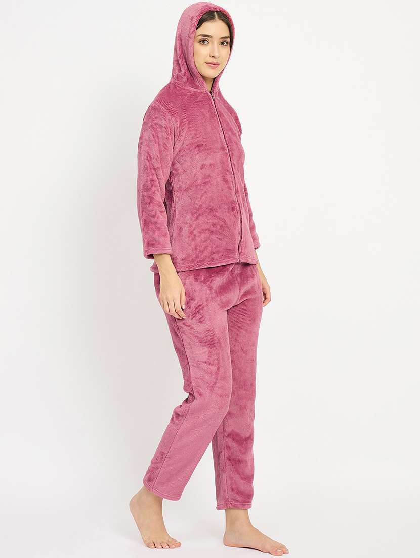 women solid hooded velvet nightwear pyjama set - 22088957 -  Standard Image - 2