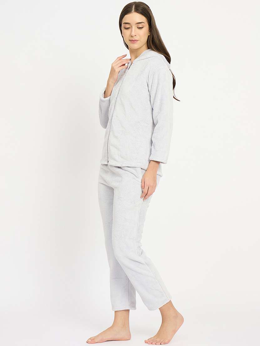 women solid hooded velvet nightwear pyjama set - 22088958 -  Standard Image - 2
