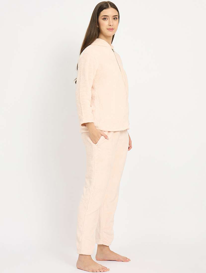 women solid hooded velvet nightwear pyjama set - 22088959 -  Standard Image - 2