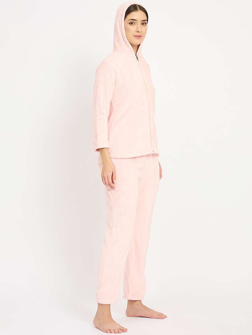 women solid hooded velvet nightwear pyjama set - 22088960 -  Standard Image - 2