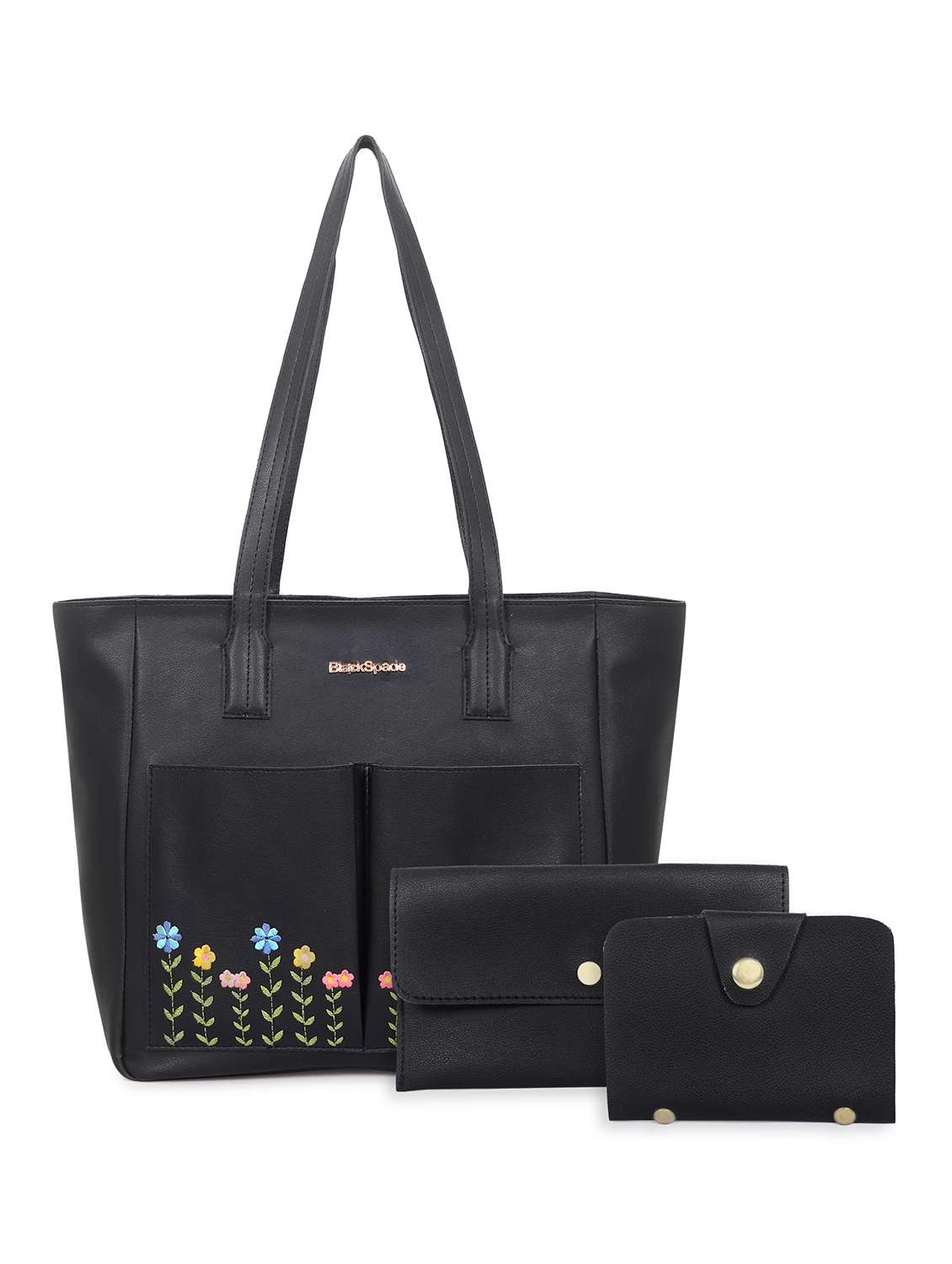 women embroidered leatherette tote bag with 2 pouch