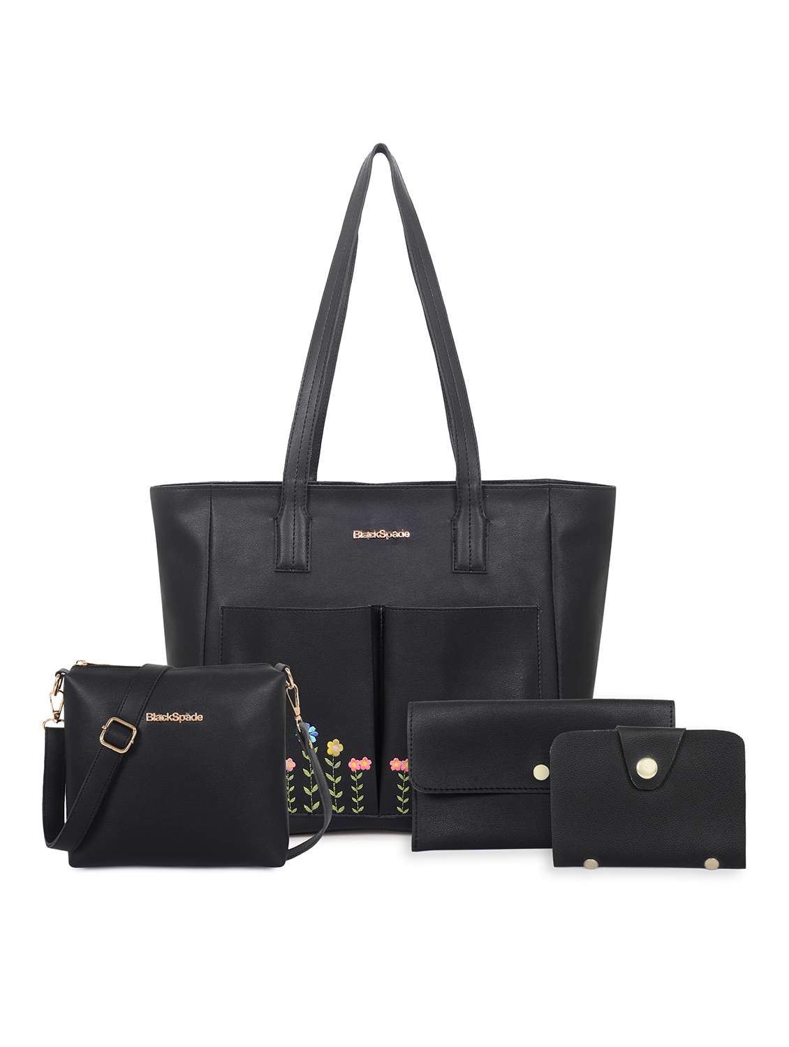 women embroidered leatherette tote bag with 2 pouch 1 sling