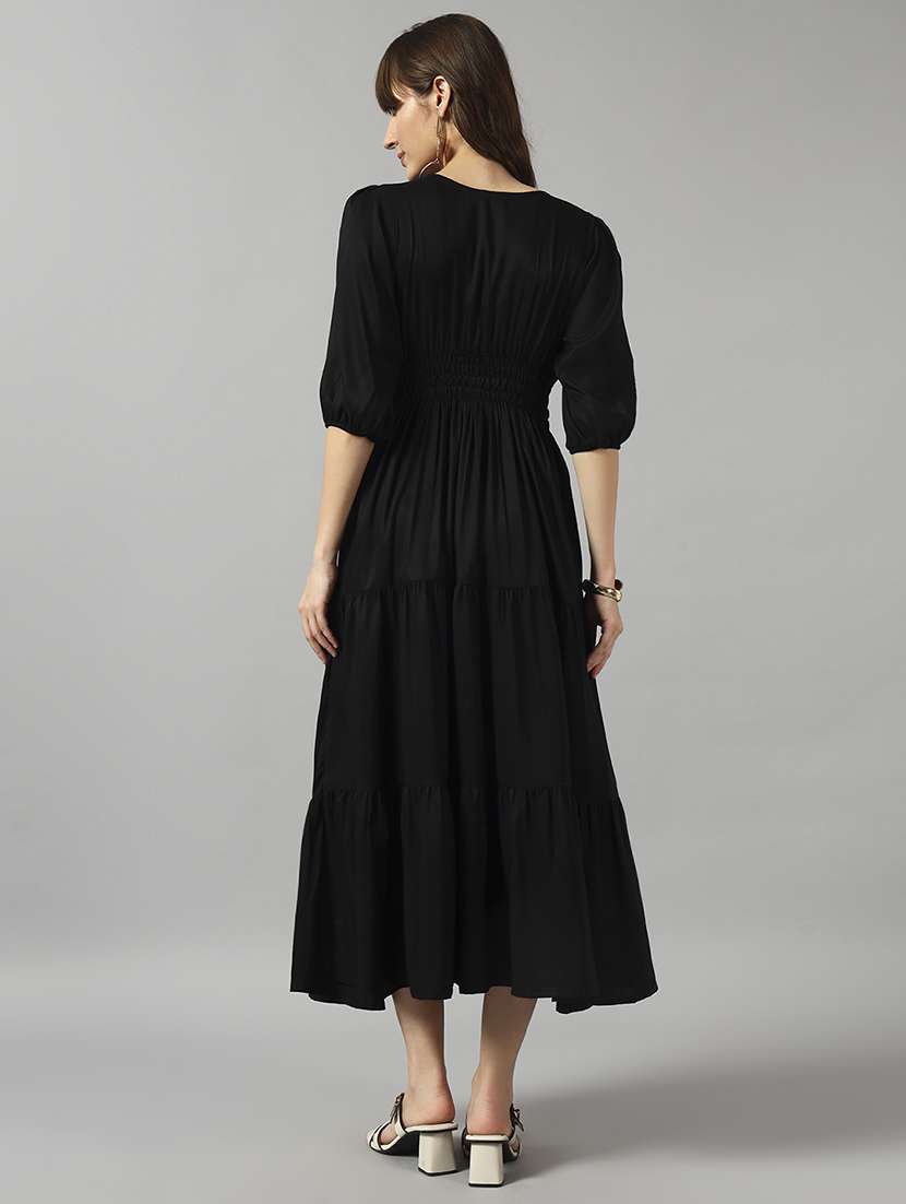 women solid puff sleeve tiered dress - 22089239 - Standard Image - 2
