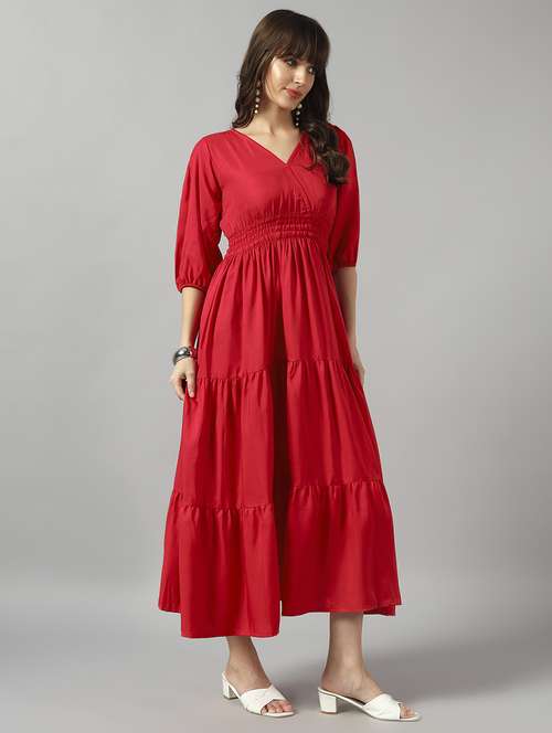 women solid puff sleeve tiered dress - 22089241 -  Standard Image - 0