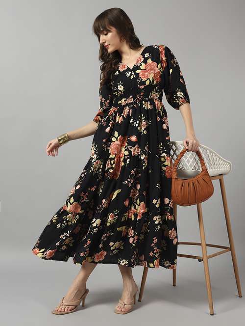women floral printed puff sleeve maxi tiered dress - 22089242 - Standard Image - 0