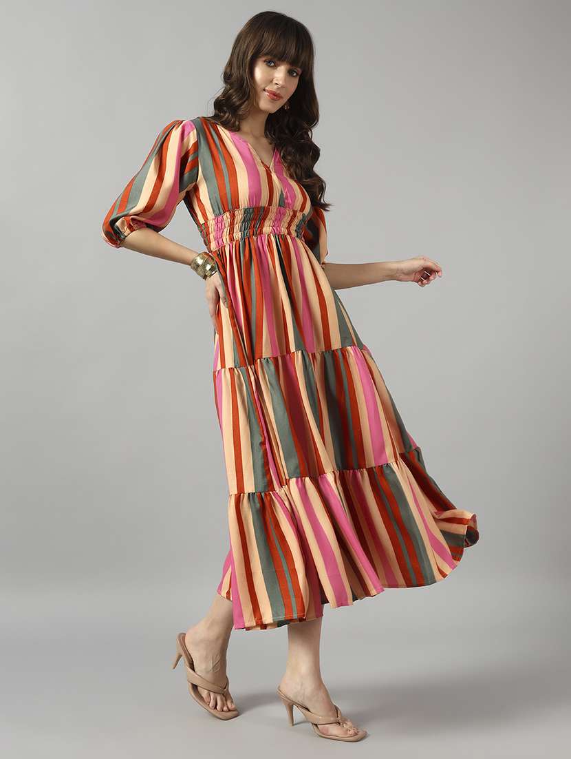 women striped puff sleeve maxi tiered dress
