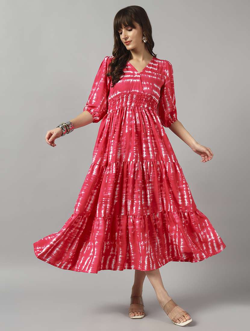 women tie & dye printed puff sleeve tiered dress