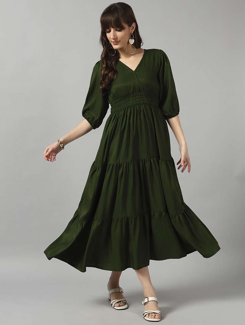 women solid puff sleeve tiered dress
