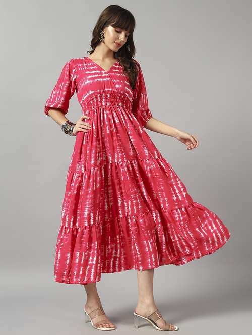 women tie & dye printed puff sleeve tiered dress - 22089266 -  Standard Image - 0